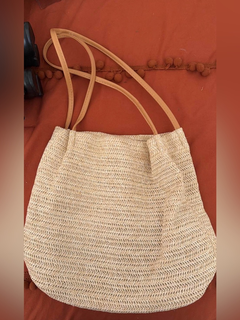 Women’s Cream Woven Tote Bag with Tan Straps